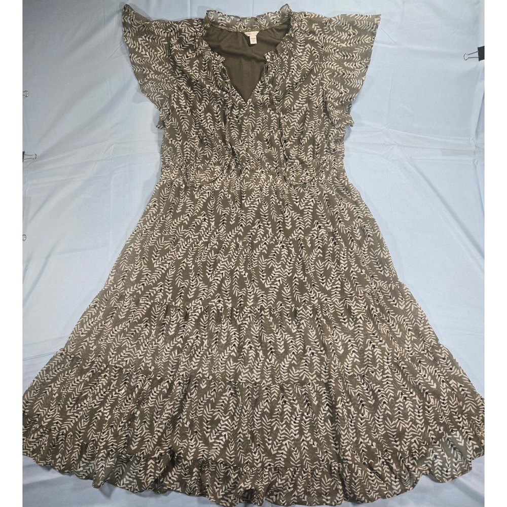 Cato Olive Green White Leaf Print Tiered Midi Dress Flutter Sleeve 14/16W